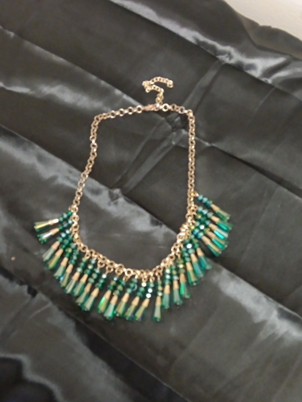 Gold Chain Necklace with Green Bead Fringe
